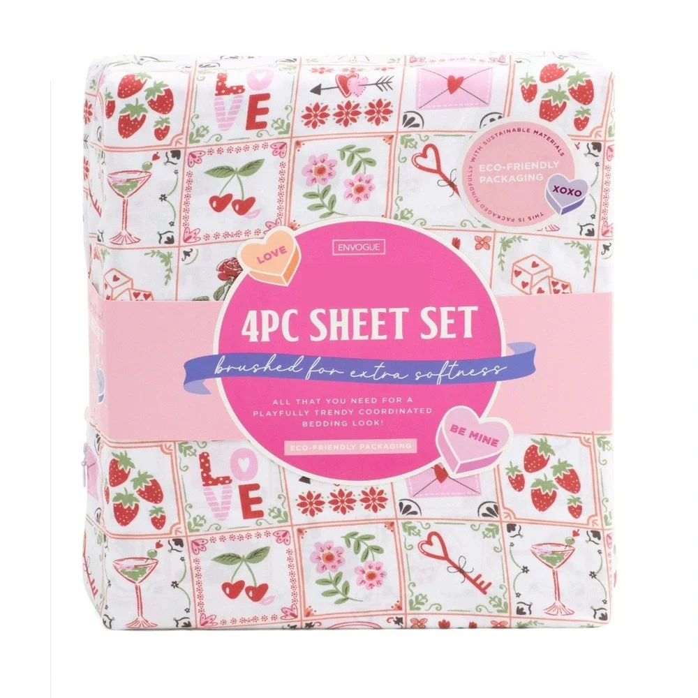 EnVogue Queen 4PC Sheet Set Fruit Stamp Print Valentine Heart Pink White